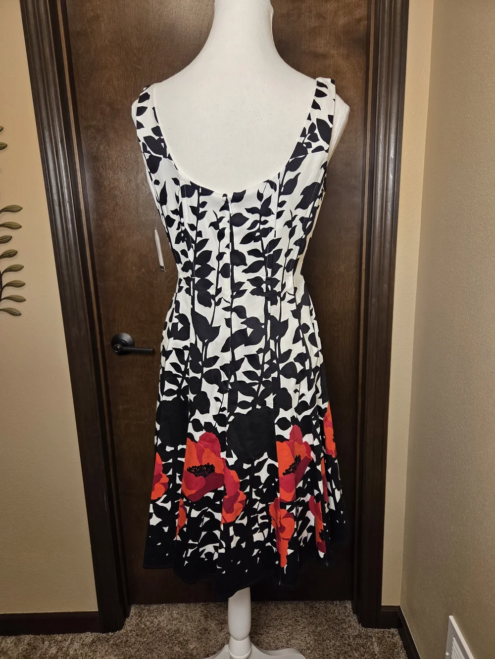 Nine West Black & White Floral Midi Dress with Red Floral Border NWT - Picture 7 of 14